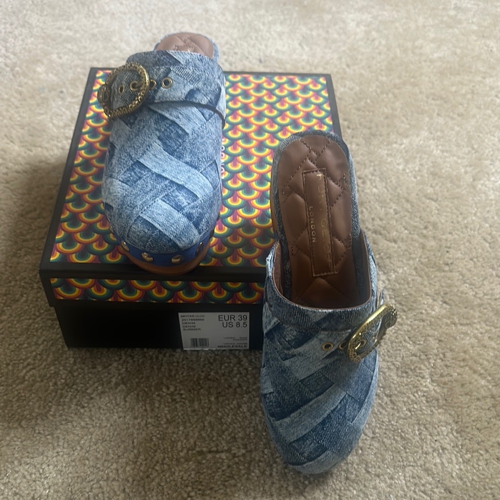 Kurt Geiger Blue Denim Mules with Gold Buckle